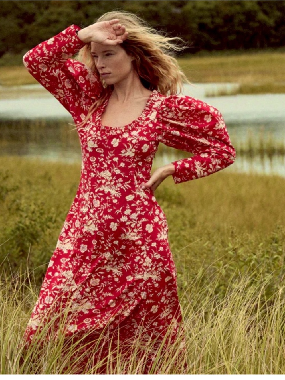NWT Doen Clarence Dress in Oak Bluffs Floral Red Size M Organic Cotton Maxi
